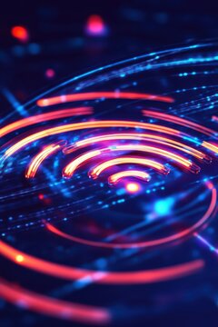 Light-emitting data transmission. Smart device interaction, beeping frequency. Neon signals in circular motion. Wi-Fi symbol with radar waves displaying internet speed

