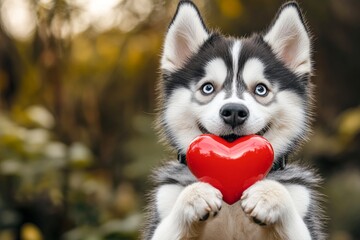 Obraz premium Siberian husky - my cherished dog, symbol of friendship. Promotion companion creative. Cute siberian husky canine with diamond red heart on a walk in a spring green space. Puppy love concept.