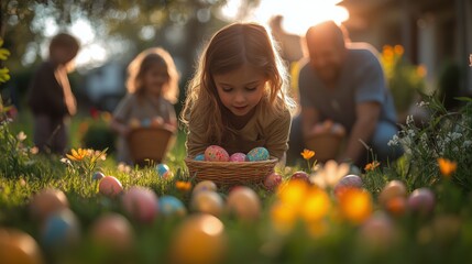 Children enjoying an Easter egg hunt in a sunny garden with family members