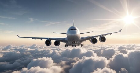 Fototapeta premium Large airplane flying through white cloudy sky with sun shining through, plane in flight, airplane