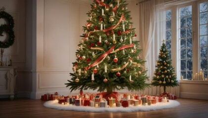 Large Christmas tree decorated with candles and ribbons, home decor, cozy interior