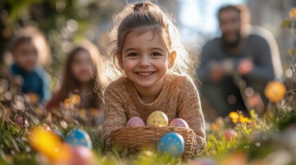 Happy child collects colorful eggs during an outdoor Easter egg hunt in the garden