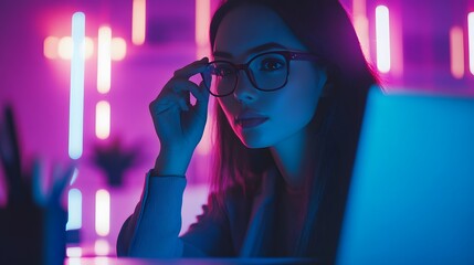 Fototapeta premium Young woman with glasses in colorful neon lights setting
