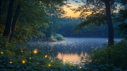 Fototapeta premium Night forest landscape with lake or swamp in moonlight with glowing fireflies. Fantasy woods landscape in cartoon vector illustration. Magic trees and bushes on banks of pond or river in woodland.