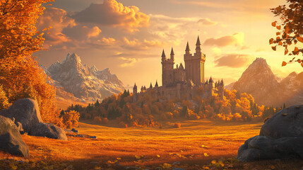 Fairy tale castle in mountain valley in autumn. Vector cartoon illustration of fall landscape with fantasy royal palace with towers, orange grass, leaves on trees and rocks on horizon