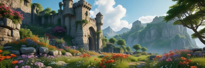 Naklejka premium Lush greenery and vibrant flowers surrounding a majestic stone fortress, botanical beauty, flowers
