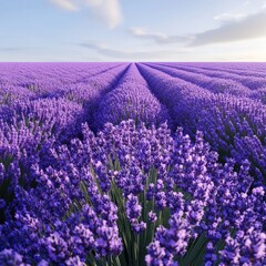A field of lavender stretching into the horizon, with a soft breeze carrying the fragrance 