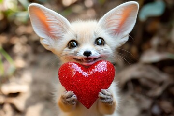 Ad animal conceptual art. Cute fennec fox baby with sparkling rhinestones red heart on in a natural habitat. Fennec fox - my beloved animal. Affectionate couple in nature. Sweetheart animals.