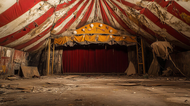Old circus arena at night, abandoned round stage for performance, carnival show. Vector cartoon empty interior inside of vintage cirque tent with dirty scene, broken decoration and hole in floor