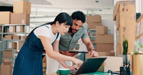 Business people, boxes and laptop for inventory, logistics and online order with distribution. Ecommerce, packaging and employees in warehouse, tech and planning for product launch and check stock