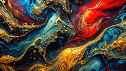 Abstract Colorful Marble Background: Fluid Art Painting in Black, Gold, Red & Blue Swirls