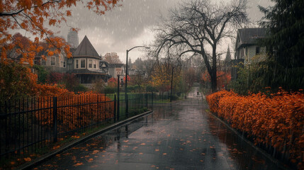 Naklejka premium City street with park and buildings behind fence in rain. Vector cartoon illustration of autumn landscape with road, sidewalk, orange bushes and trees and houses on horizon at rainy weather