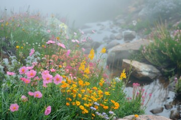 Colorful Flowers Bloom in a Misty Wilderness by a Gentle Stream at Dawn, Creating a Serene and Enchanting Atmosphere in a Vibrant Landscape
