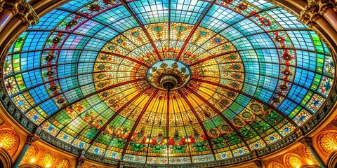 Art Nouveau Dome Interior: Nighttime Architectural Detail Stock Photo