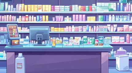 Pharmacy interior with drugs on shelves. Vector cartoon illustration of drugstore selling medication, cosmetic bottles, boxes of pills, tablets on shelf, computer on cash desk, pharmaceutical business