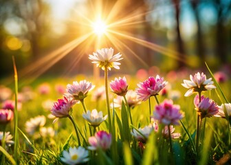 Dawn Sun Rays Illuminate Delicate Pink & White Wildflowers Macro