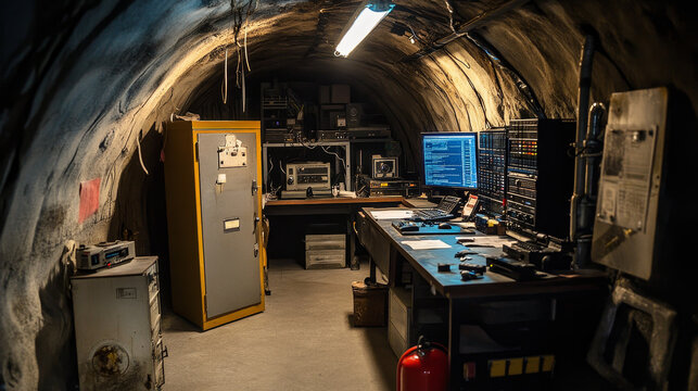 Underground bunker laboratory interior cartoon set. Isolated equipment of secret shelter with door, extinguisher, locker, screen and command control center object. Military base with radio on desk