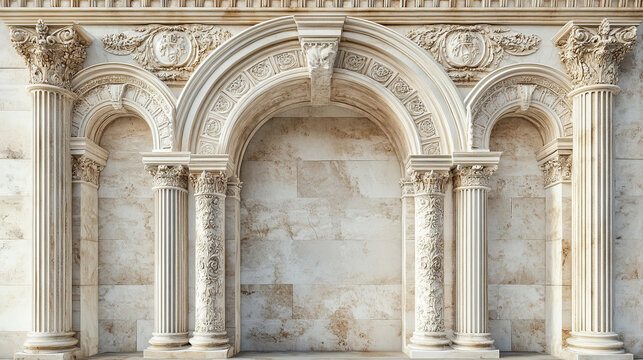 Ancient roman arch made of white clay with decorative ornate. Realistic 3d vector illustration set of greek stone pillar of temple building door or window decor. Antique classic architecture archway.