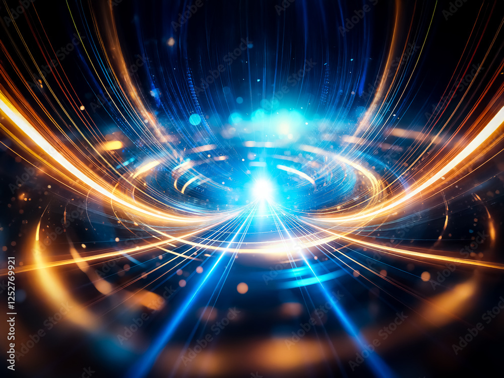 Poster Abstract image featuring vibrant blue and golden light trails converging towards a central bright point, creating a dynamic and futuristic effect with swirling motion.