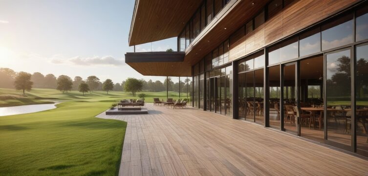 Modern clubhouse with expansive deck overlooking golf course, stone floors, wooden balcony, outdoor bar