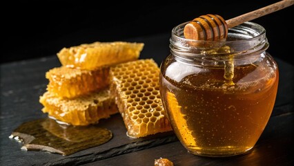 Golden Honey Drizzle: A rustic and inviting image featuring a jar of golden honey, accompanied by honeycomb and a wooden honey dipper, creating a visually appealing and delicious scene. 