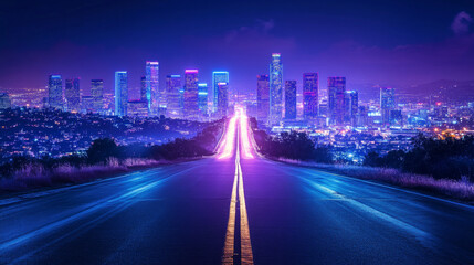 Fototapeta premium Empty road leads to city with multistorey buildings and neon lights at night. Cartoon vector landscape with asphalt highway into town. Purple bright cityscape with skyscrapers and streetlights.