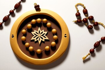 Wooden Islamic decorations in the shape of crescents and stars with detailed carvings.