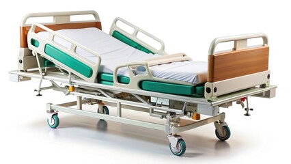 Modern Hospital Bed with Lifting Mechanism, Isolated on White Background - Medical Equipment Stock Photo