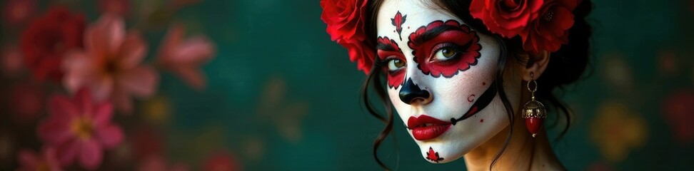 Mujer con maquillaje tradicional y mu?eca de mariposa en la frente, diario de muertos, maquillaje tradicional