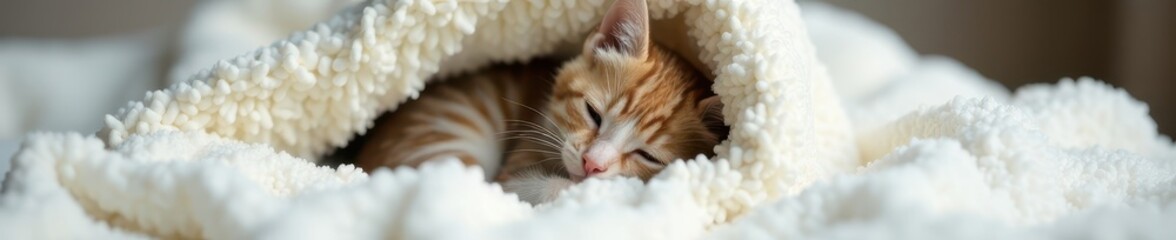 Obraz premium British Shorthair kitten curls up in cozy white blanket, british shorthair, kitten