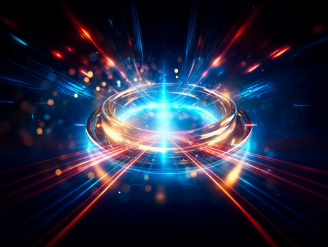 Glowing golden rings float on a dark background, encircled by vibrant blue light and sparkling particles.  The scene evokes a sense of mystery and futuristic elegance.