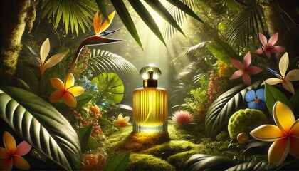 Fototapeta premium A luxurious scene featuring a yellow glass perfume bottle surrounded by a lush, tropical jungle environment