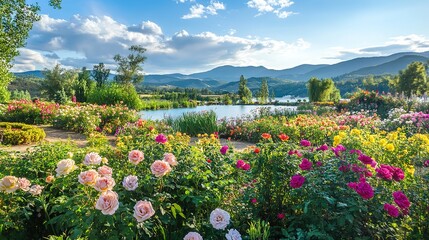 Obraz premium Beautiful Flowers on Lake Shore with Colorful Roses in Bloom. Mountains Under Blue Sky Background
