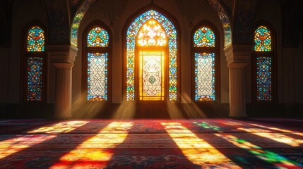 Sunlight streaming through colorful stained glass windows in a serene, empty mosque interior