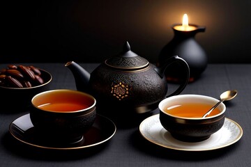A traditional Ramadan tea set with a steaming glass of amber-colored tea and a bowl of glossy dates, arranged elegantly on a dark textured background with soft, warm lighting highlighting the details