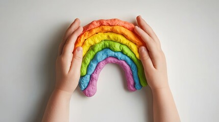Child's Hands Shaping a Colorful Rainbow Playdough