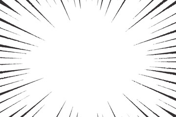 Speed lines background. Comic radial concentric action rays effect. Cartoon radial vector pattern with textured stripes of light. Black explosion frame on white backdrop.