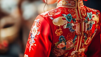 Close-up view of a detailed and colorful traditional red dress with embroidery