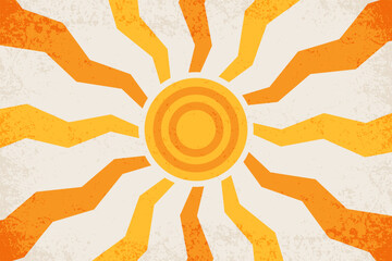 Retro sun background. Abstract wavy sunshine with pattern of groovy rays. Vector summer poster with vintage texture. 70s trippy funky illustration.