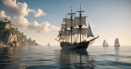 Old sailing ship on a calm sea with sailboats and yachts in the background, ocean views, marine decor, coastal towns