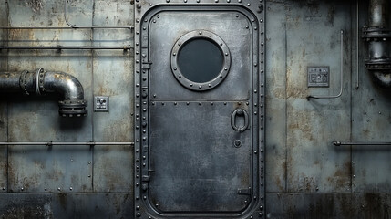 Metal door with porthole on wall with pipes, valves and rivets. Bunker close entrance. Ship or secret laboratory steel bulletproof doorway with illuminator and rotary lock wheel realistic 3d vector