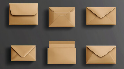 Kraft envelopes template set. Blank brown closed craft paper covers, letter packages, mock up of folder for business documents and messages, Realistic 3d vector mockup
