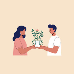 Obraz premium Couple Sharing a Potted Plant Gift Illustration