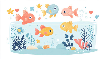 Fototapeta premium Charming aquarium illustration with colorful fish and playful details for kids’ decor.