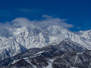 北アルプスの山並みとスキー場　長野県白馬村
