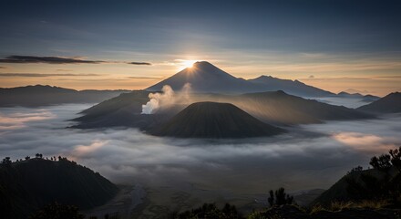 Sunrise Over Mount Bromo Volcano in Indonesia with Sea of Clouds