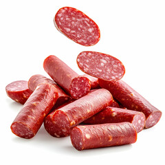 Spicy salami sticks falling, studio shot, food photography, white background