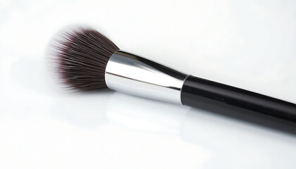 Soft makeup brush with black handle and silver ferrule, professional cosmetic tool for foundation, blush, and powder application.