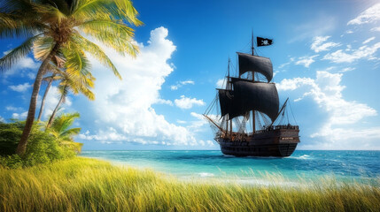Cartoon summer seascape with pirate ship with black flag floating on sea or ocean water near shore covered with green grass with palm trees and blue sky with clouds. Corsair boat in lagoon near beach.