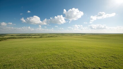 Obraz premium Vast green grassy hills stretch towards the horizon under a bright blue sky with white clouds on a sunny day.